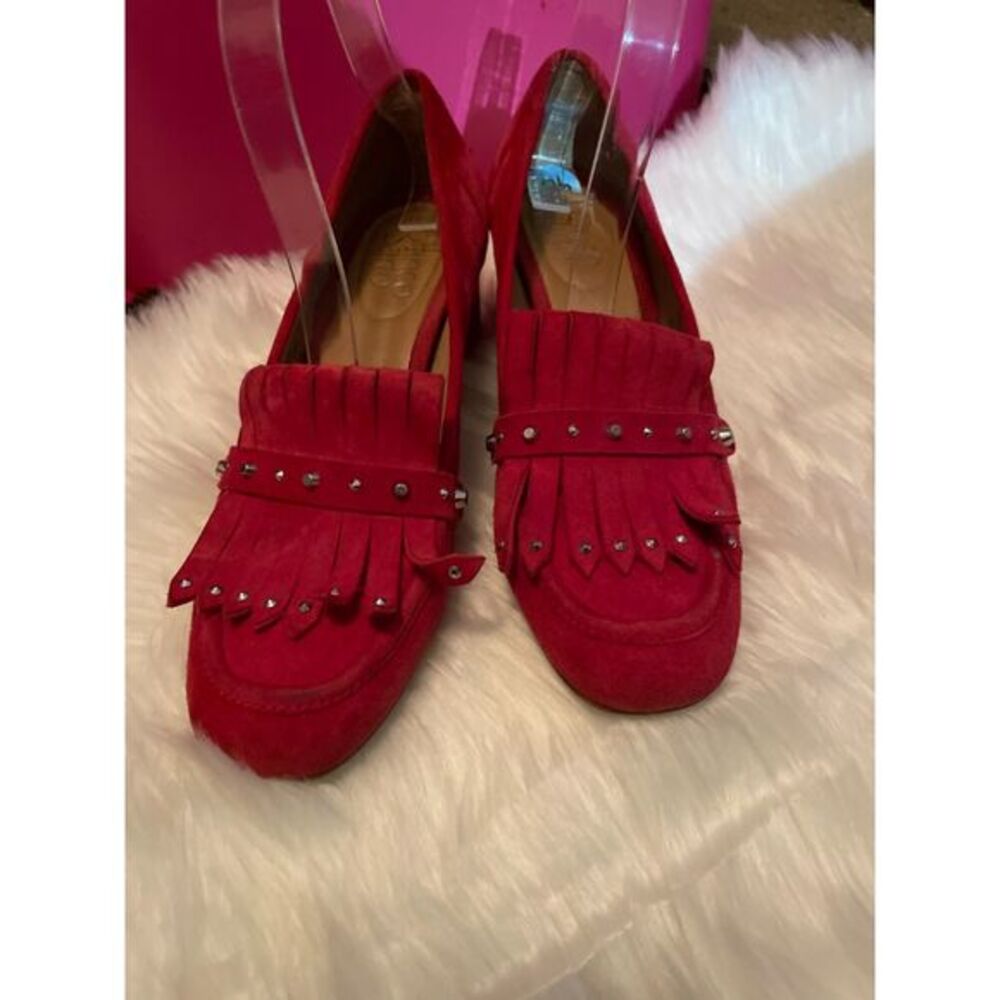 Franco Sarto Suede Tassels Studded Loafers Red Women's 7.5